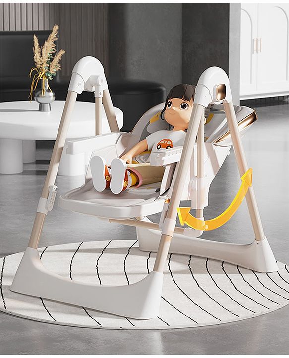 Babyhug Giggle Glide High Chair & Swing - Beige| 3-in-1 Convertible Design| Adjustable Height & Recline| Dual Food Tray| 5-Point Safety Harness| Foldable & Portable| 6 Months to 5 Years