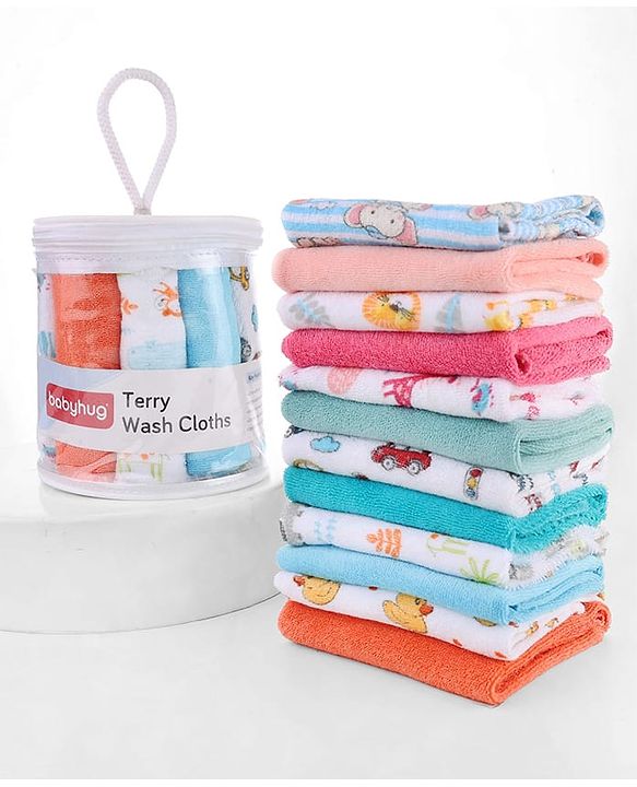 Babyhug 100% Cotton Terry Washcloth & Burp Cloth Set of 12| Ultra Soft & Absorbent| Quick Dry| Multicolour Prints & Solids| Gentle on Baby Skin | Newborn & Baby Essentials