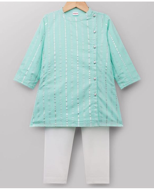 Babyhug Cotton Woven Full Sleeves Striped Kurta & Pyjama Set - Aqua Blue
