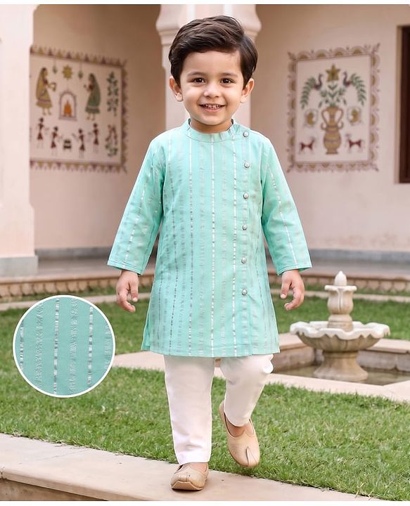 Babyhug Cotton Woven Full Sleeves Striped Kurta & Pyjama Set - Aqua Blue