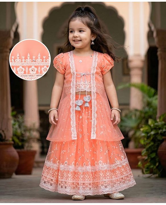 Babyhug Net Woven Sleeveless Floral Embroidered Choli Lehenga  & Jacket Set - Orange