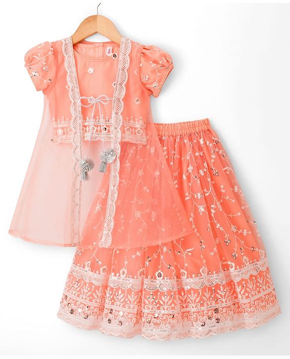 Babyhug Net Woven Sleeveless Floral Embroidered Choli Lehenga  & Jacket Set - Orange