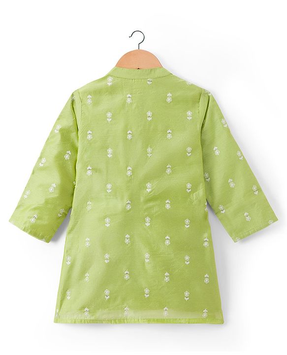 Babyhug Cotton Bled Woven Full Sleeves Kurta Dhoti Set with Floral Embroidery - Light Green
