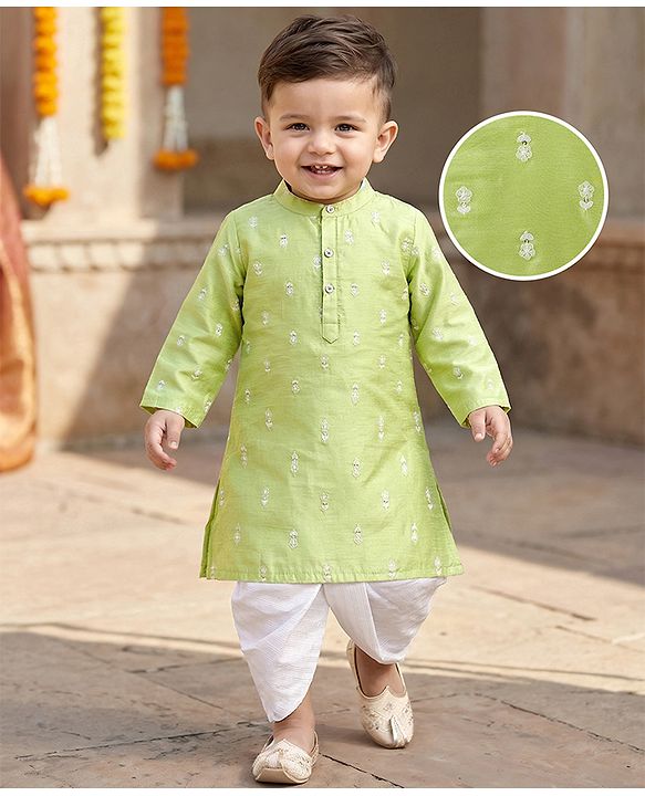 Babyhug Cotton Bled Woven Full Sleeves Kurta Dhoti Set with Floral Embroidery - Light Green