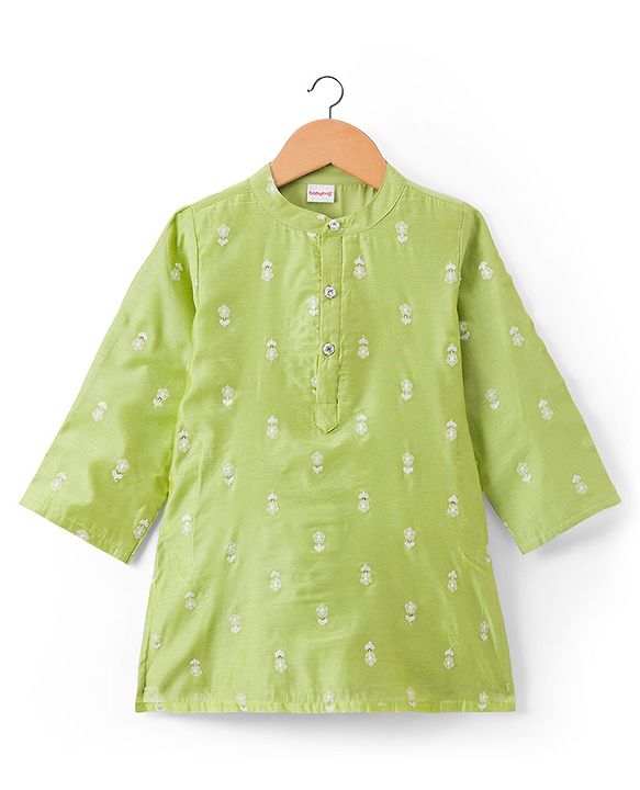 Babyhug Cotton Bled Woven Full Sleeves Kurta Dhoti Set with Floral Embroidery - Light Green