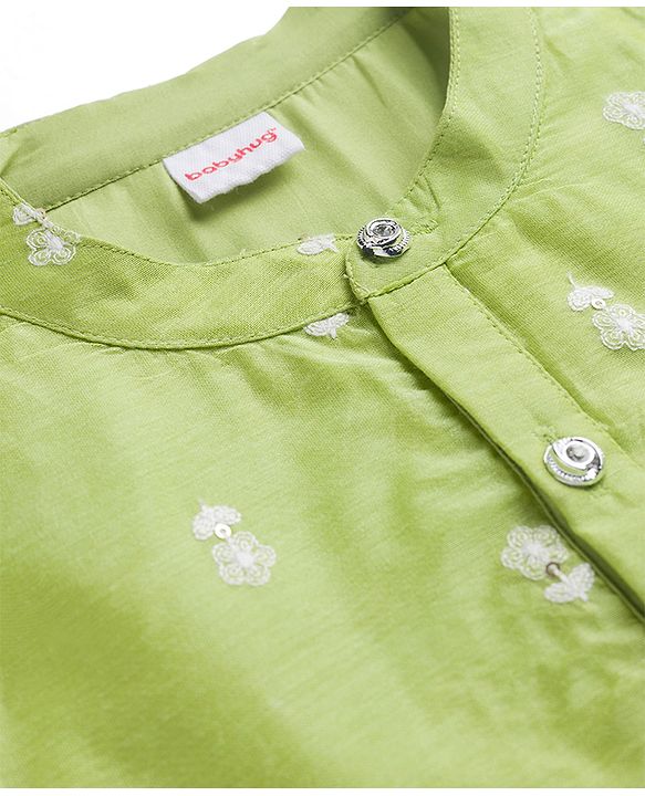 Babyhug Cotton Bled Woven Full Sleeves Kurta Dhoti Set with Floral Embroidery - Light Green