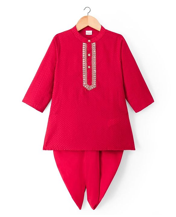 Babyhug Cotton Blend Woven Full Sleeves Solid Colour Dobby Embroidered Kurta Dhoti Set - Red