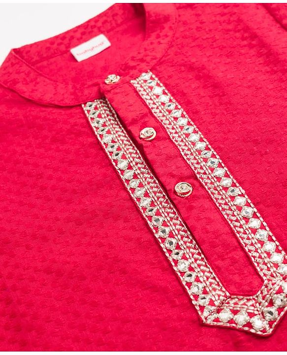 Babyhug Cotton Blend Woven Full Sleeves Solid Colour Dobby Embroidered Kurta Dhoti Set - Red