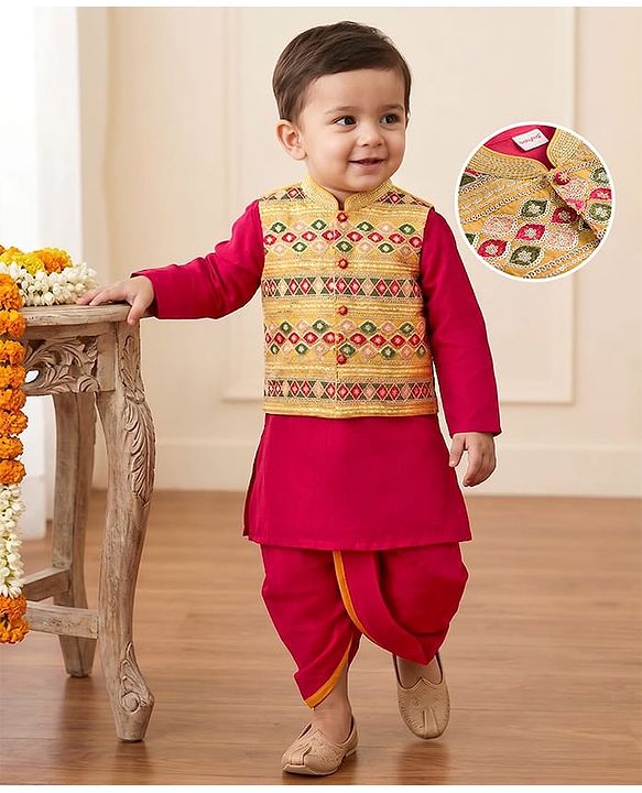 Babyhug Cotton Blend Woven Full Sleeves Kurta Dhoti Set With Sequinned Nehru Jacket - Red