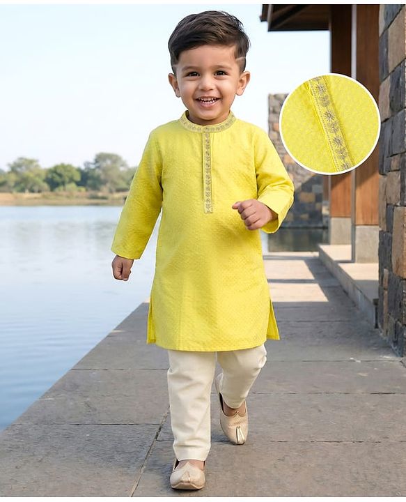 Babyhug Cotton Dobby Woven Full Sleeves Kurta Pajama Set with Dobby Embroidery - Limegreen