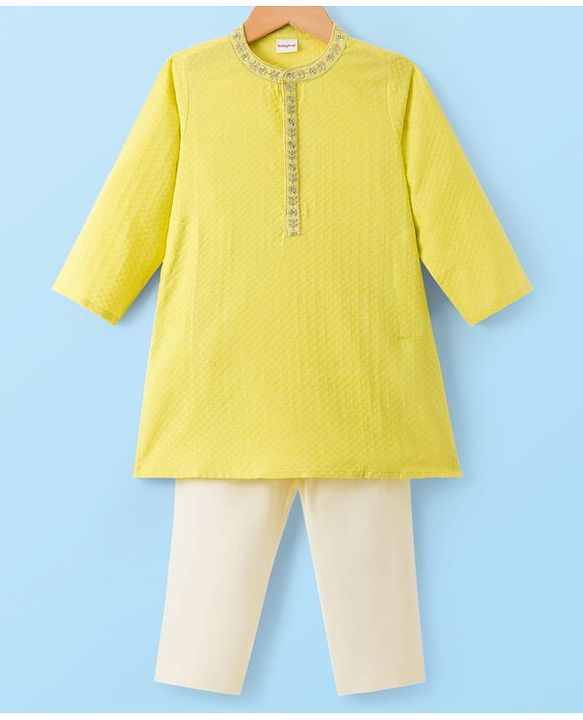 Babyhug Cotton Dobby Woven Full Sleeves Kurta Pajama Set with Dobby Embroidery - Limegreen