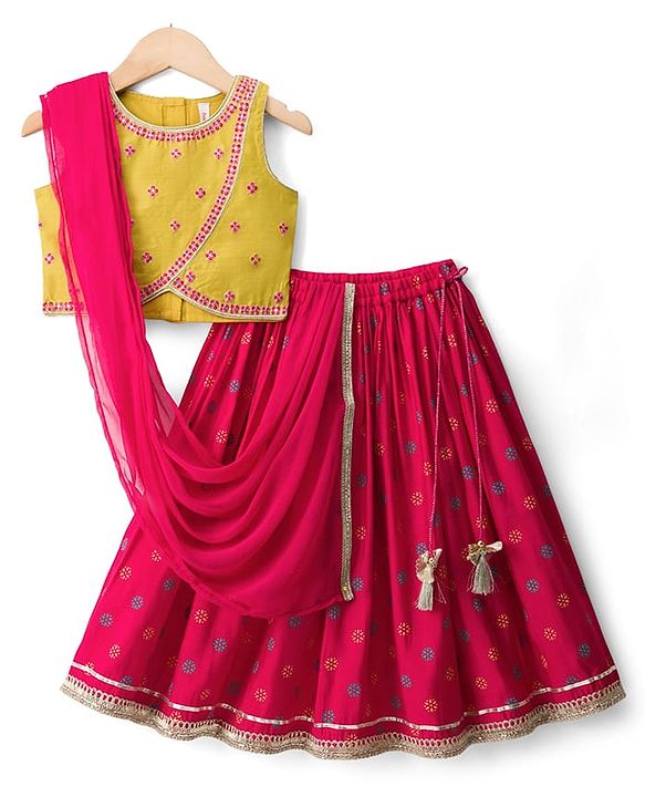 Babyhug Georgette Woven Sleeveless Lehenga Choli Set With Floral Foil Print Embroidery & Dupatta - Dark Pink