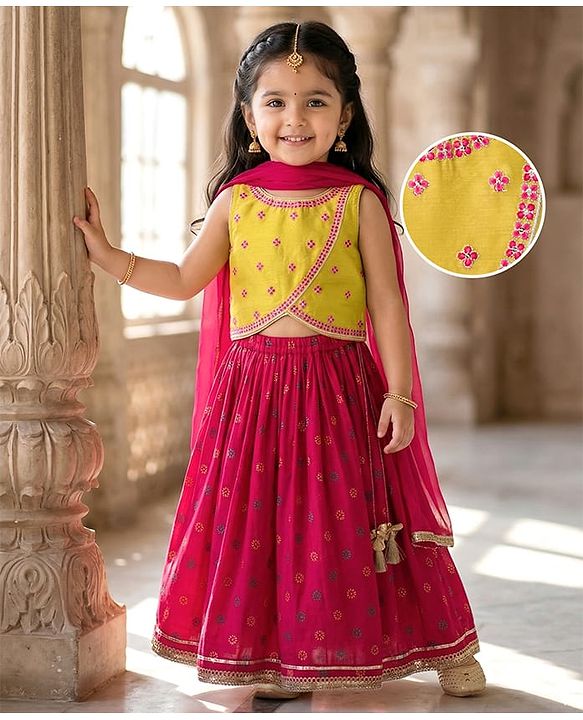 Babyhug Georgette Woven Sleeveless Lehenga Choli Set With Floral Foil Print Embroidery & Dupatta - Dark Pink