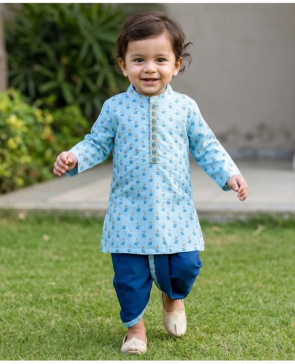 Babyhug Cambric Woven Full Sleeves Kurta Dhoti Set with Lurex Bobby Floral Print - Light Blue
