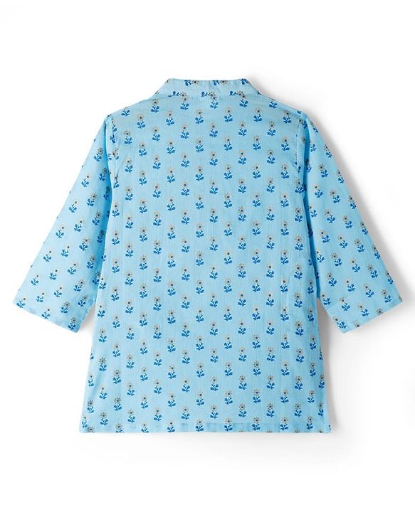 Babyhug Cambric Woven Full Sleeves Kurta Dhoti Set with Lurex Bobby Floral Print - Light Blue