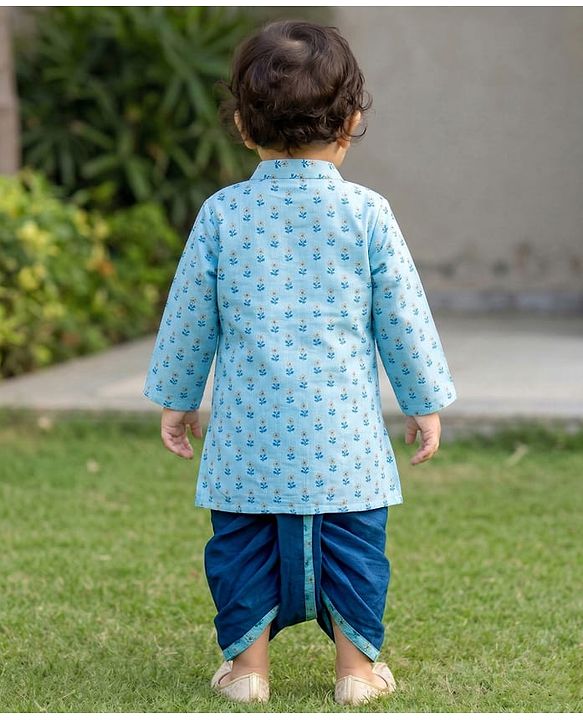 Babyhug Cambric Woven Full Sleeves Kurta Dhoti Set with Lurex Bobby Floral Print - Light Blue