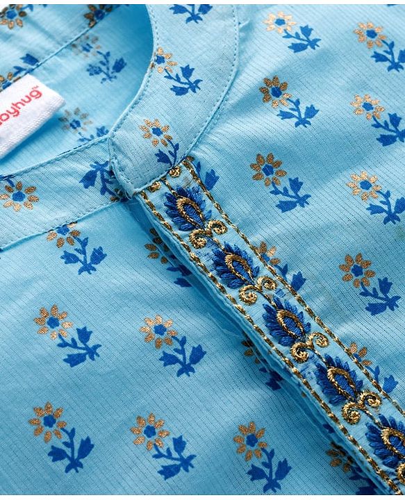 Babyhug Cambric Woven Full Sleeves Kurta Dhoti Set with Lurex Bobby Floral Print - Light Blue