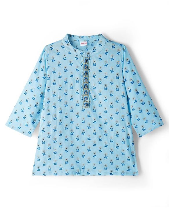 Babyhug Cambric Woven Full Sleeves Kurta Dhoti Set with Lurex Bobby Floral Print - Light Blue