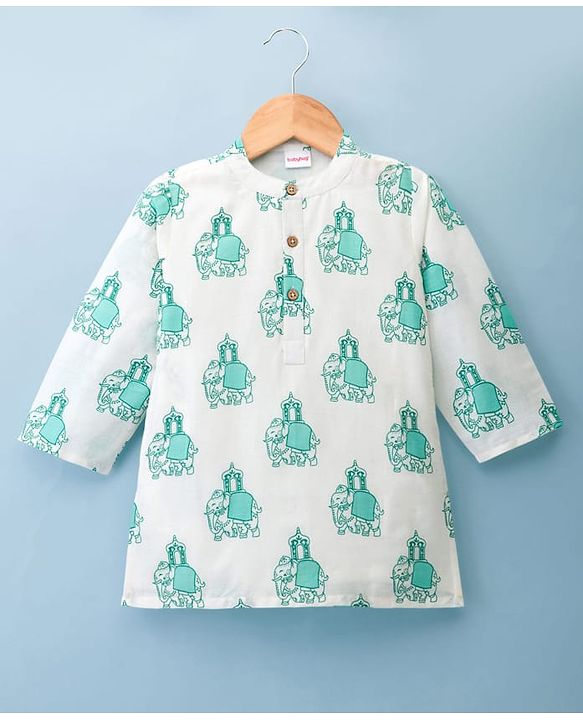 Babyhug 100% Cotton Cambric Woven Full Sleeves Elephant Printed Kurta Pajama Set - White