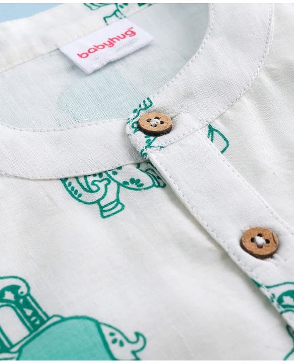Babyhug 100% Cotton Cambric Woven Full Sleeves Elephant Printed Kurta Pajama Set - White