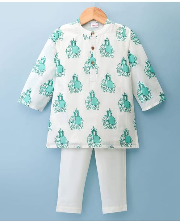 Babyhug 100% Cotton Cambric Woven Full Sleeves Elephant Printed Kurta Pajama Set - White