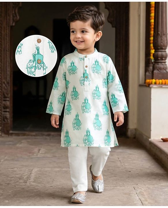 Babyhug 100% Cotton Cambric Woven Full Sleeves Elephant Printed Kurta Pajama Set - White