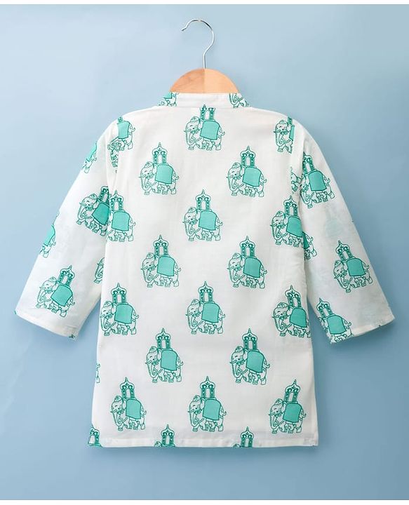 Babyhug 100% Cotton Cambric Woven Full Sleeves Elephant Printed Kurta Pajama Set - White