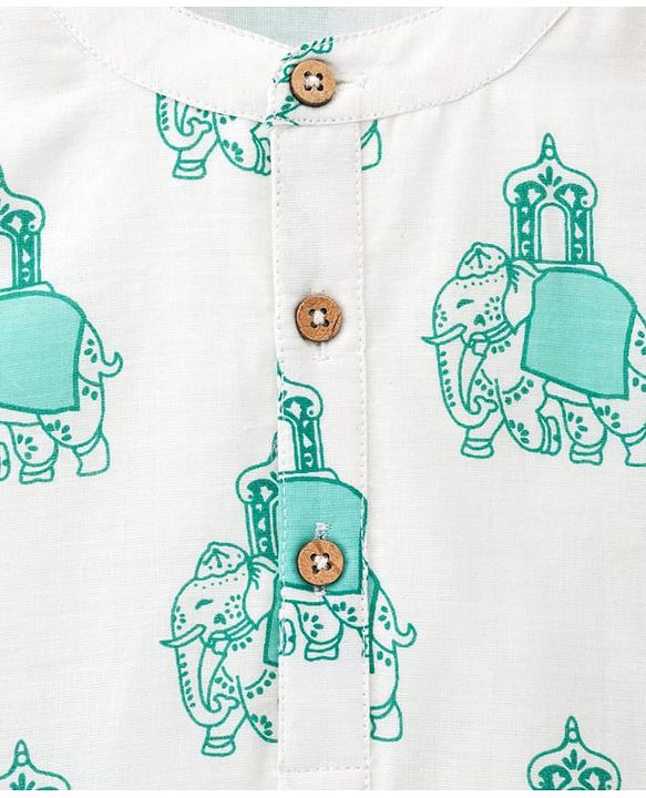 Babyhug 100% Cotton Cambric Woven Full Sleeves Elephant Printed Kurta Pajama Set - White