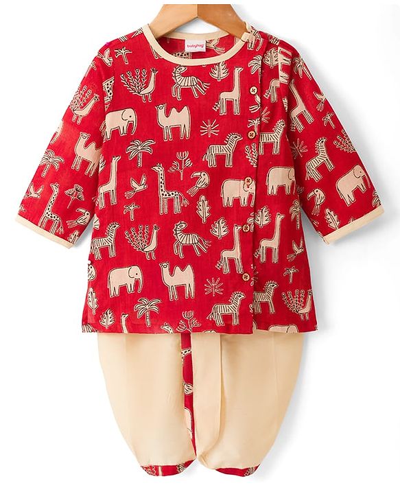 Babyhug Cambric Woven Full Sleeves Kurta Dhoti Set With Animal Print - Red