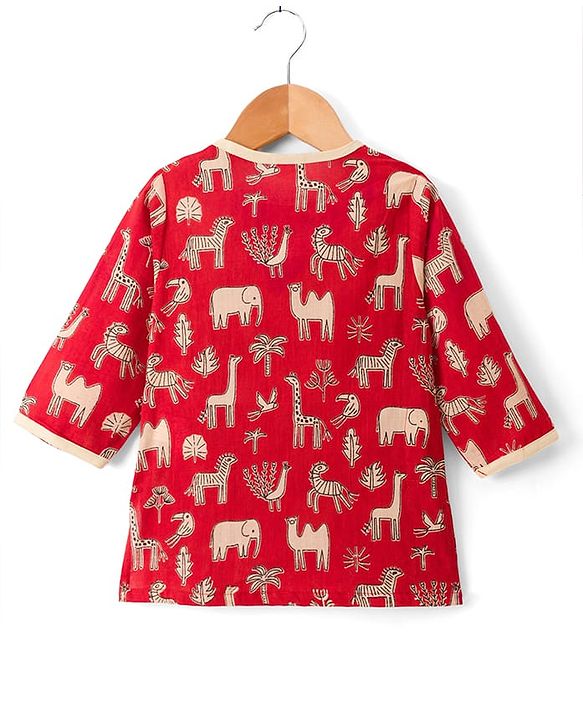 Babyhug Cambric Woven Full Sleeves Kurta Dhoti Set With Animal Print - Red