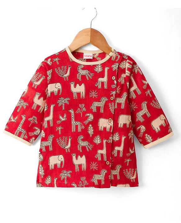 Babyhug Cambric Woven Full Sleeves Kurta Dhoti Set With Animal Print - Red
