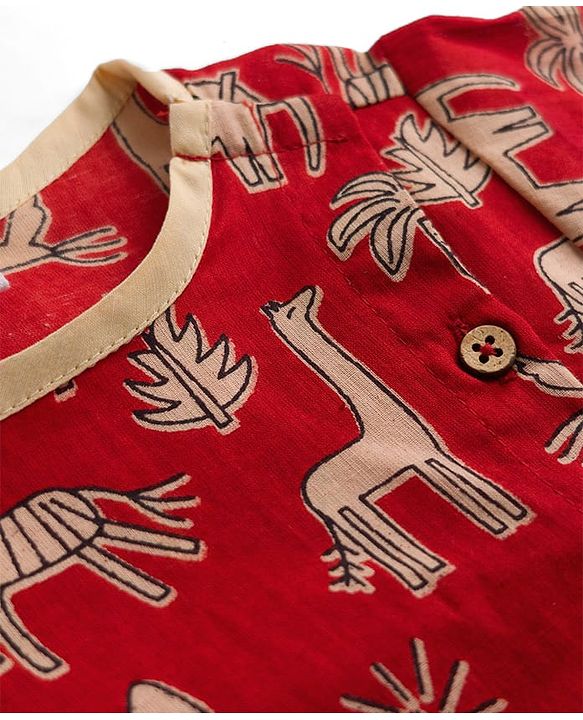 Babyhug Cambric Woven Full Sleeves Kurta Dhoti Set With Animal Print - Red