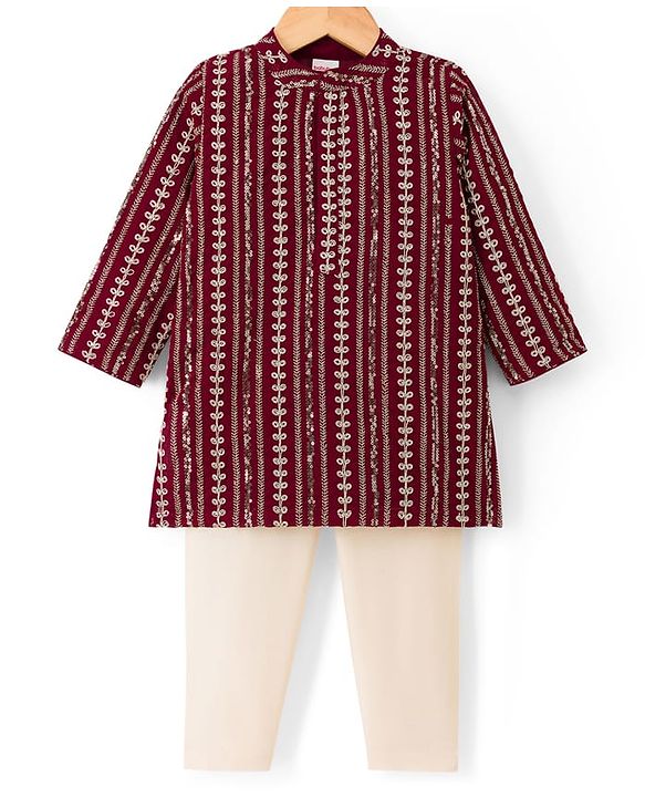 Babyhug Georgette Woven Full Sleeves Kurta Pyjama Set with Sequin & Embroidery Detailing - Maroon