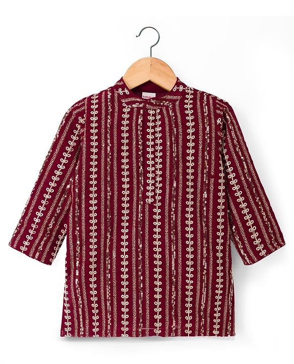 Babyhug Georgette Woven Full Sleeves Kurta Pyjama Set with Sequin & Embroidery Detailing - Maroon