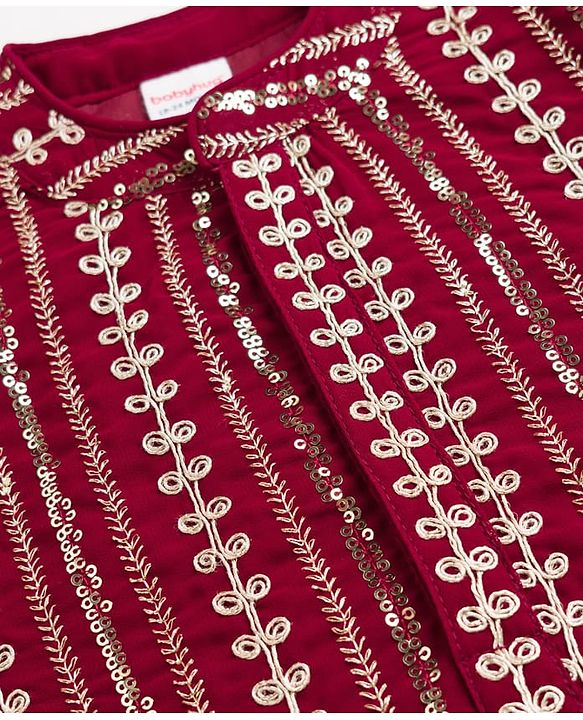 Babyhug Georgette Woven Full Sleeves Kurta Pyjama Set with Sequin & Embroidery Detailing - Maroon