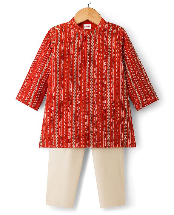 Babyhug Georgette Woven Full Sleeves Kurta Pyjama Set With Sequin Detailing - Rust Orange