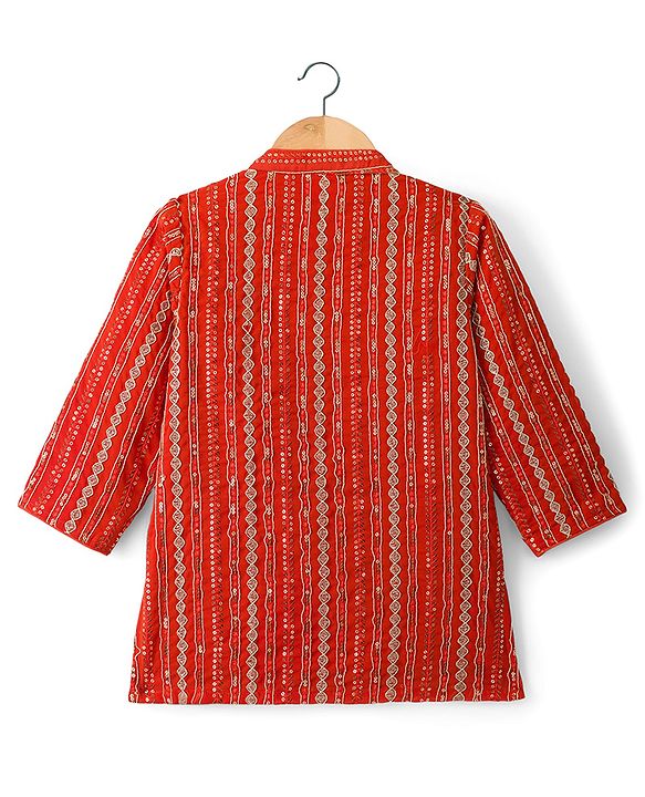 Babyhug Georgette Woven Full Sleeves Kurta Pyjama Set With Sequin Detailing - Rust Orange