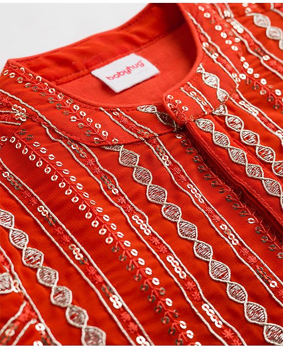 Babyhug Georgette Woven Full Sleeves Kurta Pyjama Set With Sequin Detailing - Rust Orange