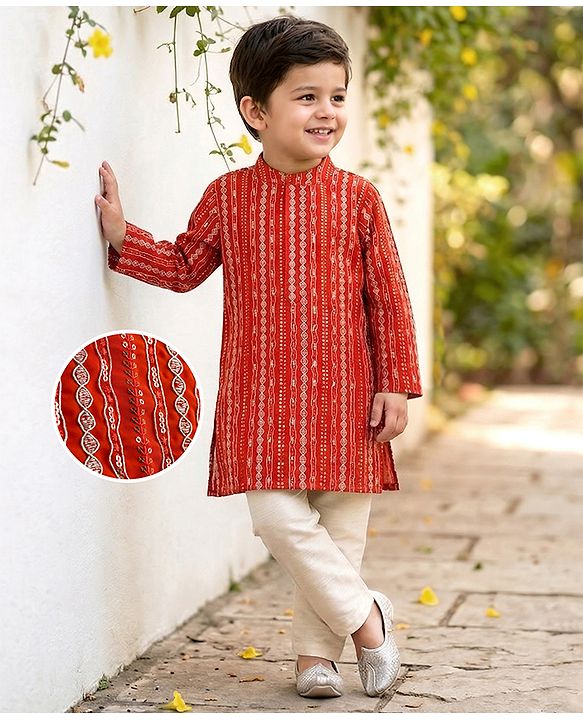 Babyhug Georgette Woven Full Sleeves Kurta Pyjama Set With Sequin Detailing - Rust Orange