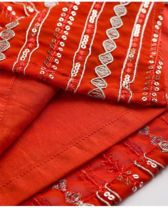 Babyhug Georgette Woven Full Sleeves Kurta Pyjama Set With Sequin Detailing - Rust Orange