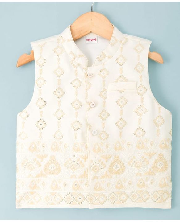 Babyhug Cotton Blend Woven Solid Kurta Pyjama Set With  Embroidered & Sequinned  Jacket - OffWhite