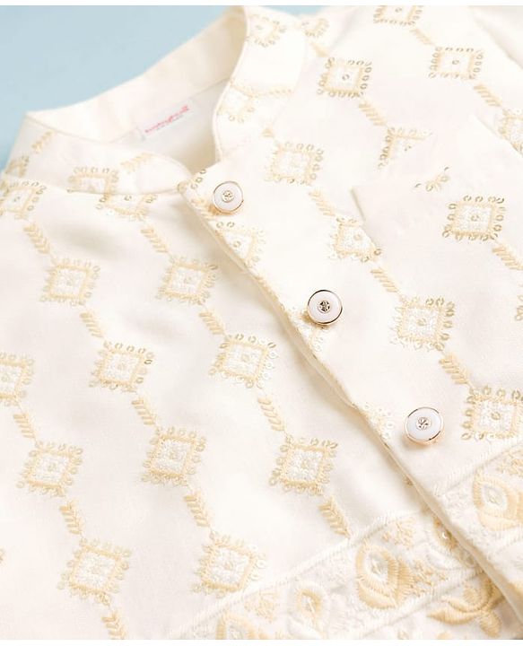 Babyhug Cotton Blend Woven Solid Kurta Pyjama Set With  Embroidered & Sequinned  Jacket - OffWhite