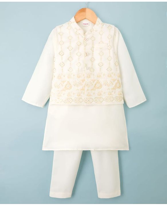 Babyhug Cotton Blend Woven Solid Kurta Pyjama Set With  Embroidered & Sequinned  Jacket - OffWhite