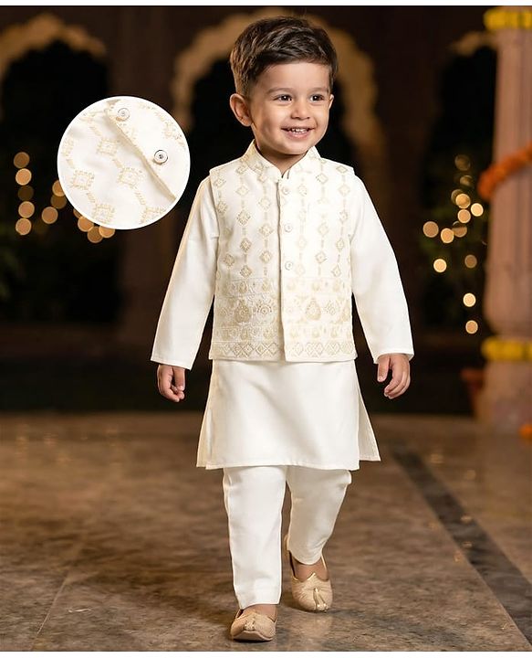 Babyhug Cotton Blend Woven Solid Kurta Pyjama Set With  Embroidered & Sequinned  Jacket - OffWhite