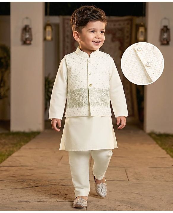 Babyhug Cotton Blend Woven Full Sleeves Solid Kurta Pyjama Set With Floral Embroidered & Sequinned Jacket- OffWhite