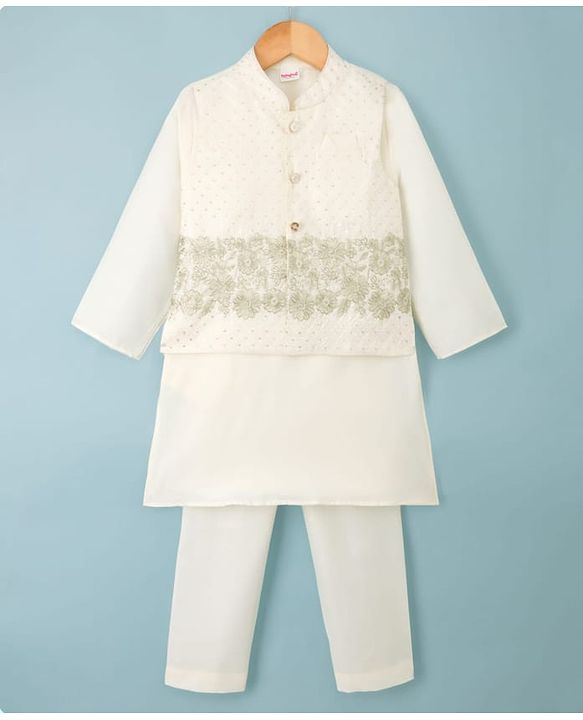 Babyhug Cotton Blend Woven Full Sleeves Solid Kurta Pyjama Set With Floral Embroidered & Sequinned Jacket- OffWhite
