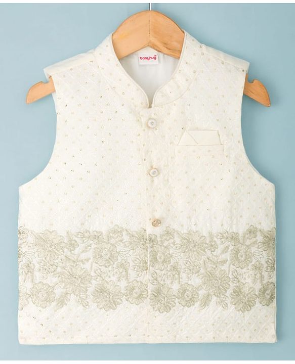 Babyhug Cotton Blend Woven Full Sleeves Solid Kurta Pyjama Set With Floral Embroidered & Sequinned Jacket- OffWhite