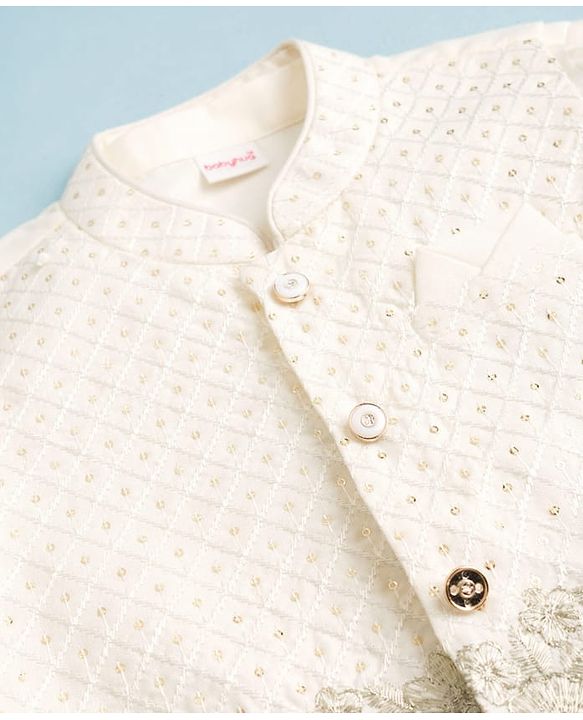 Babyhug Cotton Blend Woven Full Sleeves Solid Kurta Pyjama Set With Floral Embroidered & Sequinned Jacket- OffWhite