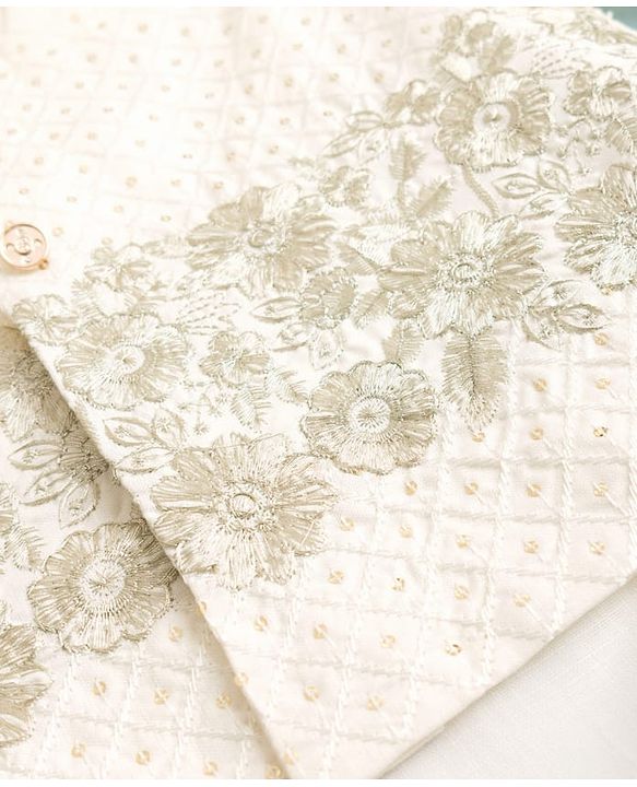 Babyhug Cotton Blend Woven Full Sleeves Solid Kurta Pyjama Set With Floral Embroidered & Sequinned Jacket- OffWhite