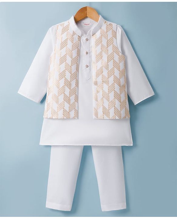 Babyhug Cotton Blend Woven Full Sleeves Kurta Pyjama Set With Embroidered Nehru Jacket - Off White